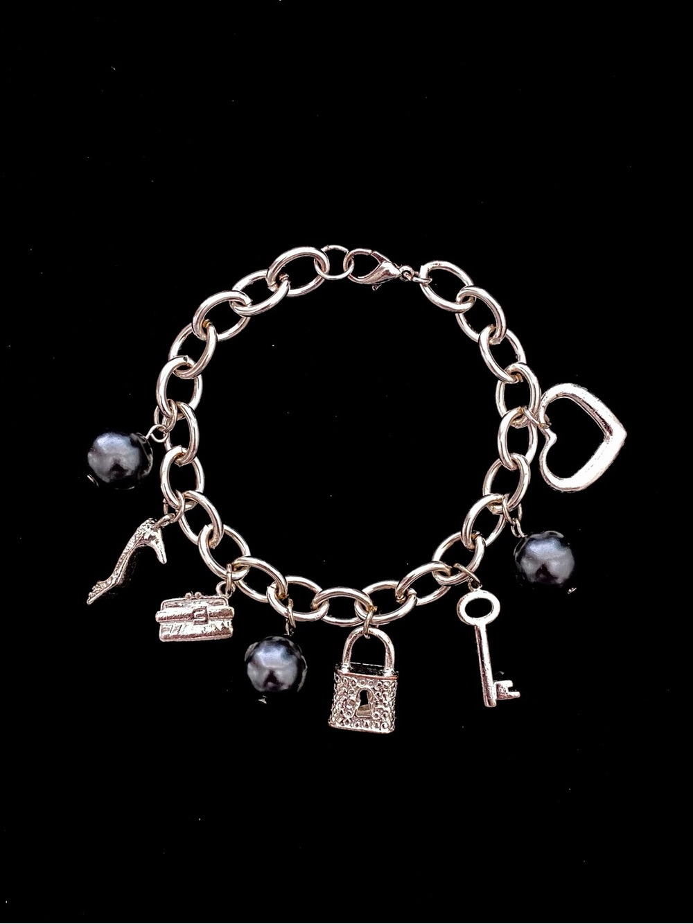Silver-Tone Charm Bracelet | Heart/Lock/Key/High Heel Charms + Black Beads